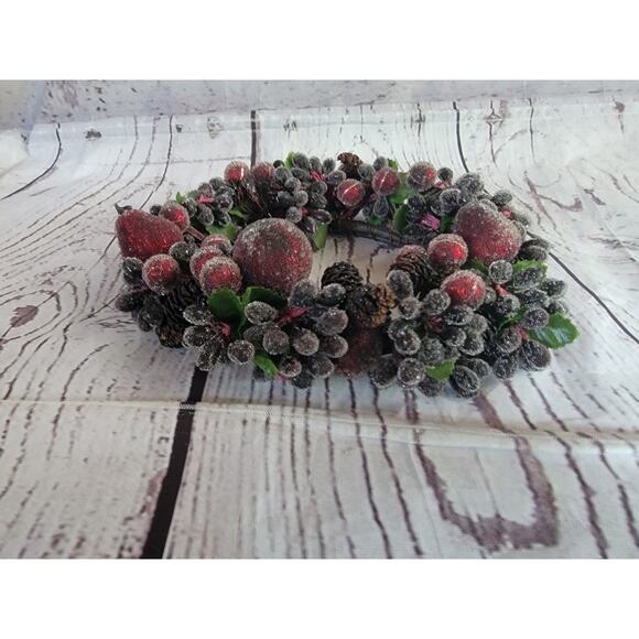 Artificial frosted berry pine cone candle ring or mini wreath Christmas Winter - Picture 5 of 6